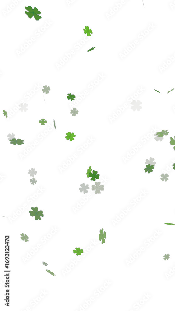 Poster collection of green four-leaf clover images falling with a bokeh effect. lucky shamrocks for st. pat