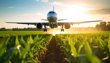 Airplane landing in a cornfield at sunset