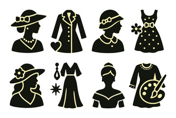 Fashion silhouette icon set. featuring woman, dress, coat, hat, necklace, and earring symbols.