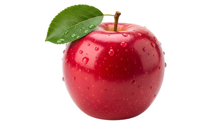 A single, ripe, red apple with a green leaf and water droplets, isolated on a transparent background