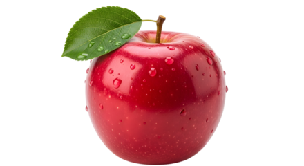 A single, ripe, red apple with a green leaf and water droplets, isolated on a transparent background
