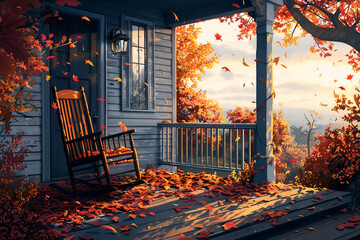 Cozy autumn porch scene with rocking chair surrounded by colorful falling leaves and warm sunlight, perfect for fall background design with copy space