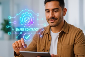 a person interacting with a smart contract interface on a digital tablet