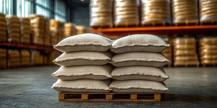 Stacked sacks on a pallet in a warehouse, demonstrating industrial storage and supply chain processes.