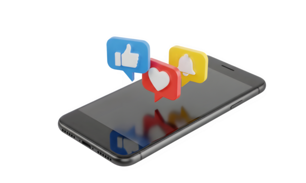 Smartphone with social media notifications isolated on transparent background