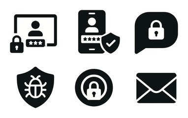 Cybersecurity silhouette icon set. featuring user protection, shield, lock, bug, and email security symbols.