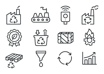 Recycling industry linear icon set. featuring factory, conveyor, sensor, certificate, and chart symbols.