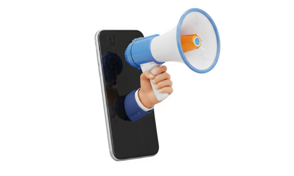 Hand holding megaphone emerging from smartphone isolated on transparent background - Powered by Adobe