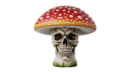 A creepy skull with a red and white spotted mushroom cap on top, isolated on transparent background