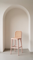 Minimalist Interior with a Trendy Pink Rattan Bar Stool Placed Within a Soft Archway Niche, Elegant and Modern Home Decor