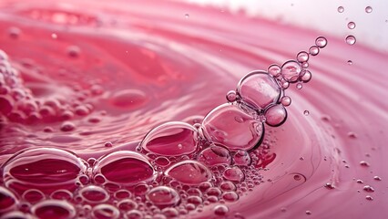 Abstract close-up of pink liquid and bubbles, a textured macro with vibrant colors and unique formations.