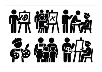 Art class silhouette icon set. featuring easel, painting, painter, instructor, student, art tools..