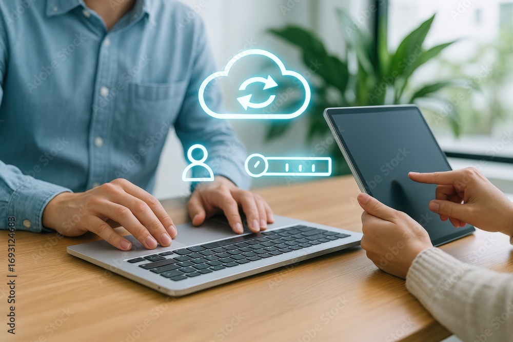 Poster cloud data synchronization process modern office digital workflow professional environment close-up 