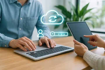 Cloud data synchronization process modern office digital workflow professional environment close-up view technology integration
