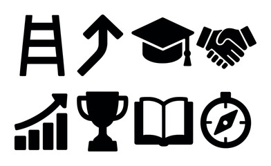Career development silhouette icon set. featuring ladder, arrow, graduation cap, handshake, graph, trophy, book, compass.