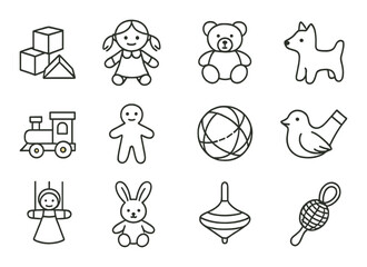 Toys linear icon set. featuring blocks, doll, teddy bear, dog, train, gingerbread, ball, bird, puppet, bunny, spinning top, rattle.