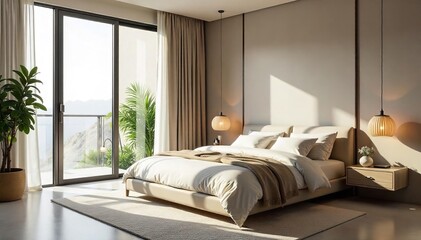 Serene minimalist bedroom with sleek lines, high-end bedding, and natural light Subtle textures and a muted color palette create a feeling of calm, sophisticated luxury , dreamy, bedding