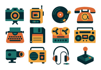 Retro technology flat icon set. featuring camera, cassette, record, telephone, typewriter, and joystick symbols.