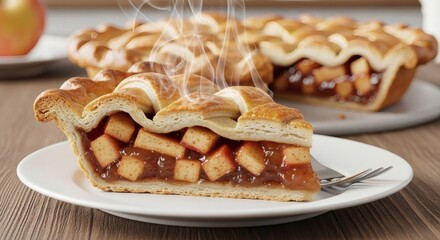 Warm apple pie slice on a white plate