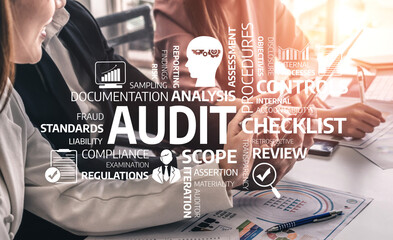 This image illustrates the essential elements of an audit process in a business setting,...