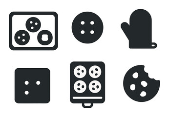 Baking utensils flat icon set. featuring cookies, oven mitt, tray, cookie cutter, and baking symbols.