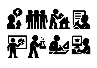 Fototapeta premium Business silhouette icon set. featuring teamwork, presentation, marketing, contract, and design symbols.