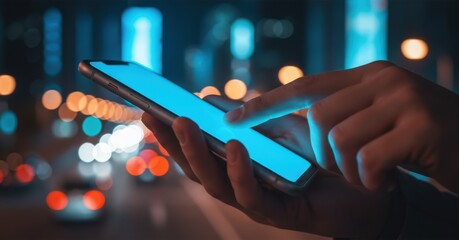 Person's hands interacting with a glowing smartphone screen against a blurred background of city lights at night, symbolizing urban connectivity.
