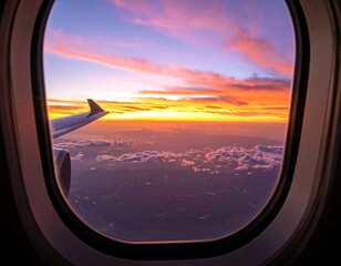 Airplane window view of a colorful sunset over clouds