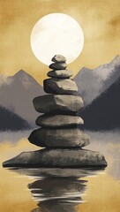 An oriental abstract landscape is depicted in this 3D illustration, which utilizes a Japanese watercolor wash painting technique