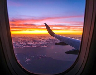 Airplane window view of a vibrant sunset over clouds