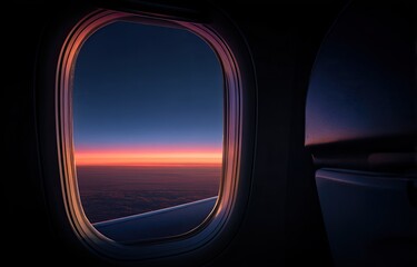 Airplane window view of a vibrant sunset