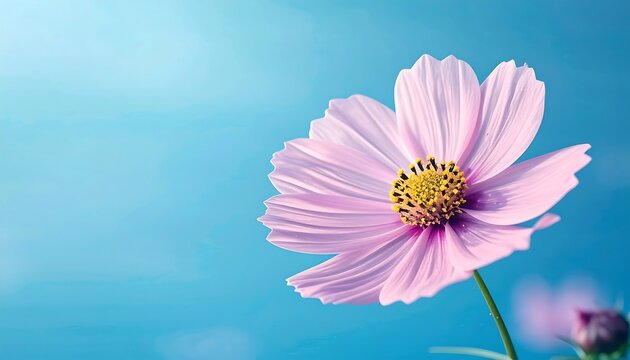 Delicate pink cosmos against a bright sky