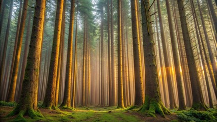 Fototapeta premium Golden sunbeams illuminate a dense forest path, casting warm light through tall trees with mossy trunks.