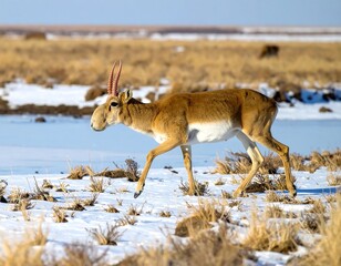 Antelope in snowy steppe landscape