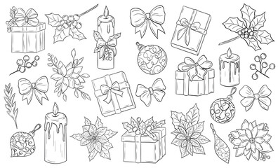 Christmas set, clip art balls, poinsettia, gift boxes, holly, red berries, silk ribbons. Vector graphic hand-drawn in black ink line art graphics. For the design of postcards, posters, stickers,prints