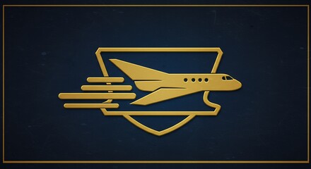 Gold airplane logo on dark background