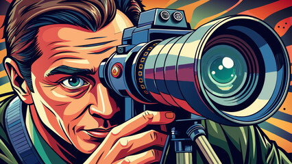 Close-up portrait of male photographer peering through camera lens on tripod. Isolated background emphasizes focus, creativity, and storytelling power of photography.