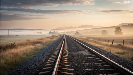 Fototapeta premium Scenic Morning Railroad View: Foggy Landscape with Mountains and Railway Tracks Perspective leading to Golden Sunrise.