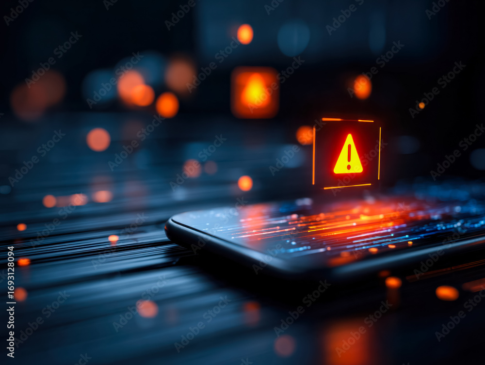 Poster digital security alert with warning icon on a smartphone screen in a dark, futuristic setting