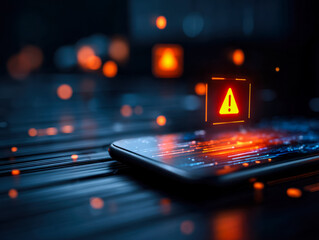 Digital security alert with warning icon on a smartphone screen in a dark, futuristic setting