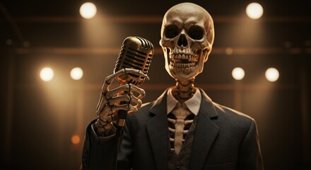 Skeleton in suit singing into microphone