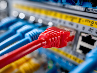 Red ethernet cable plugged into a network switch surrounded by multiple blue cables highlighting network connectivity and data communication infrastructure
