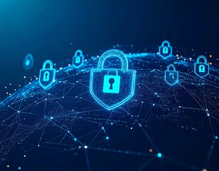 Global network security.  Digital padlock icons surround a globe