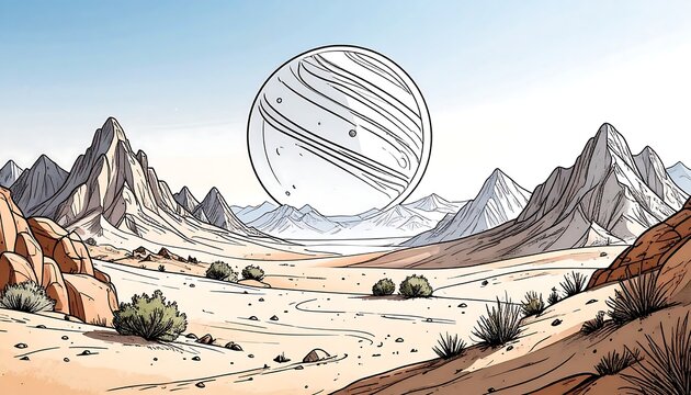 Alien desert landscape with a large planet
