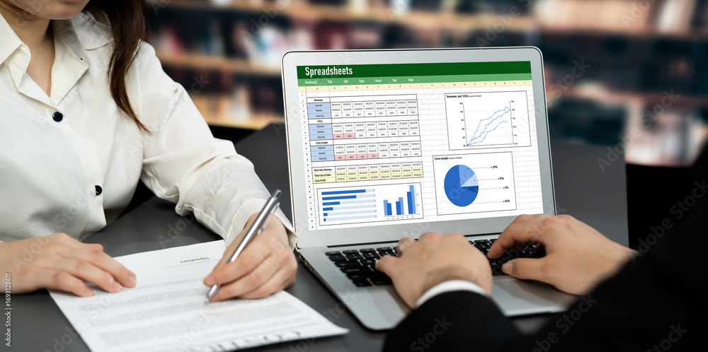 Poster spreadsheet document information financial startup concept. data and graphs in spreadsheet documents