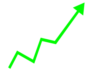 A vibrant green arrow graph showing an upward trajectory, symbolizing financial growth and positive market trends, isolated on transparent background