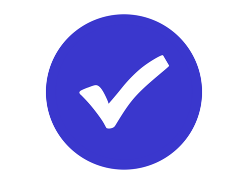 A white check mark symbol inside a solid blue circle, representing a positive confirmation or completion of a task, isolated on a transparent background