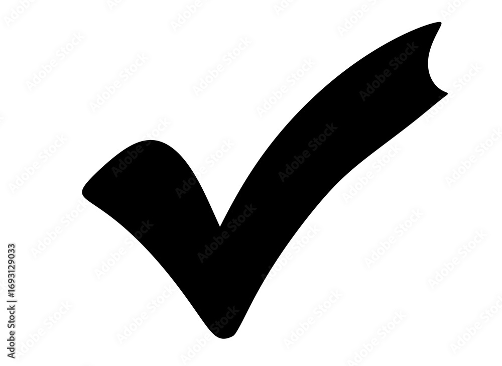 Poster a bold black check mark symbol, isolated on a clean transparent background, representing a positive 