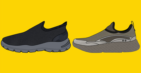 Fashion sneakers collection. Modern sports shoes with different soles and colors. Trendy sportswear for man and woman, Vector fitness sneakers shoes for training, running shoe vector illustration. 