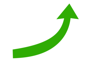 A vibrant green curved arrow pointing upwards and to the right, isolated on a transparent background, representing positive growth, progress, success, and an upward trend in a clear graphic
